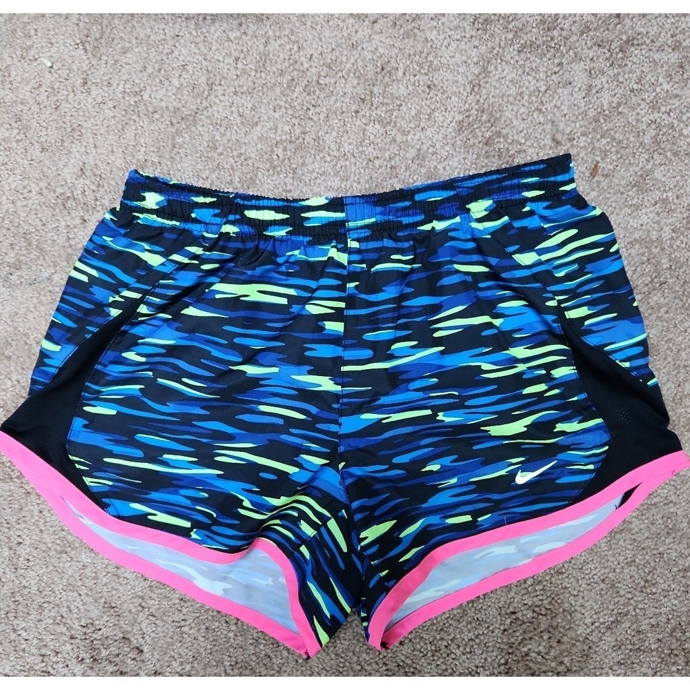 Nike Dri-FIT Tempo Running Shorts Blue Green Abstract Pink Trim Womens XS
